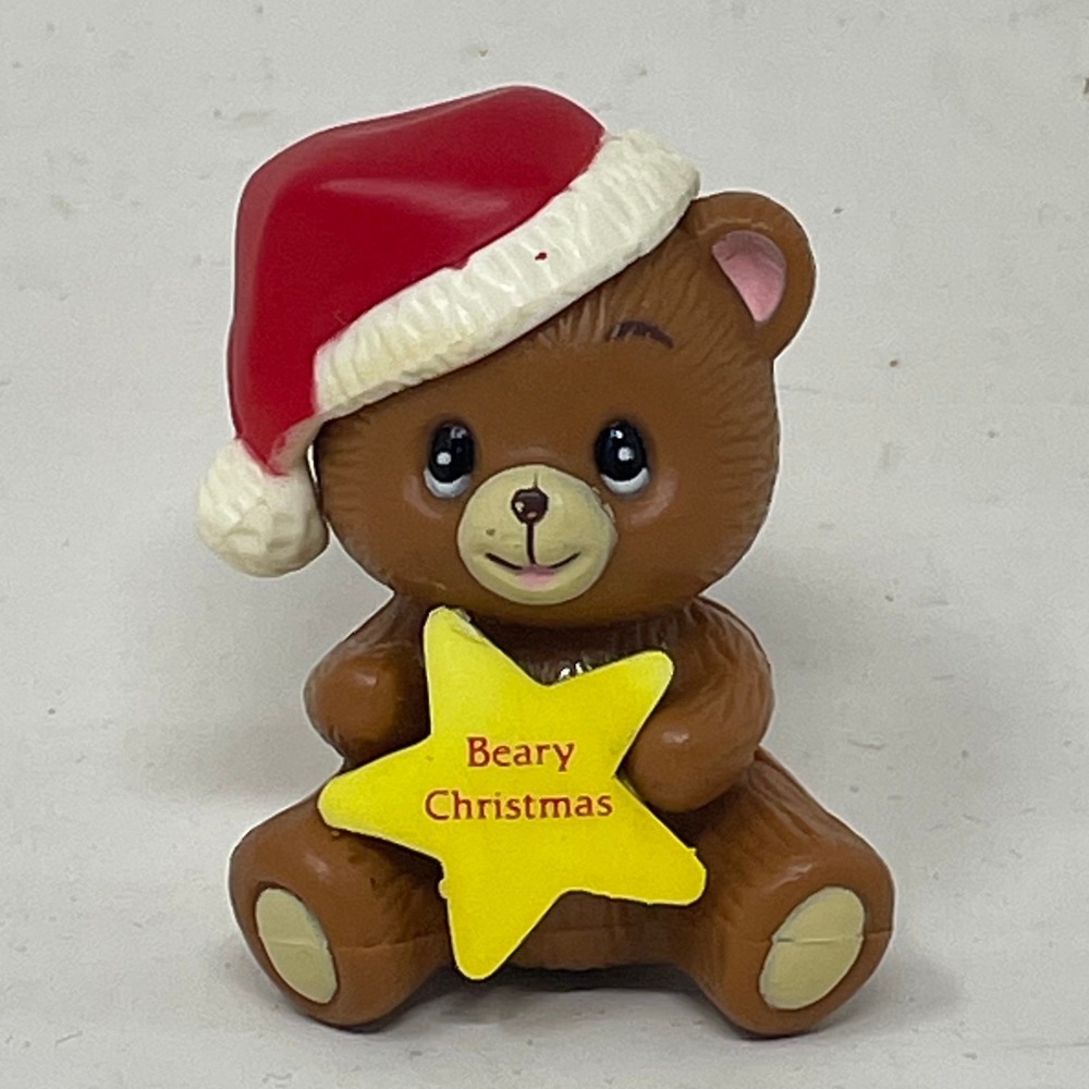 Vintage Russ Berrie Beary Christmas Teddy Bear Santa Hat Star PVC Figurine 2"‎
